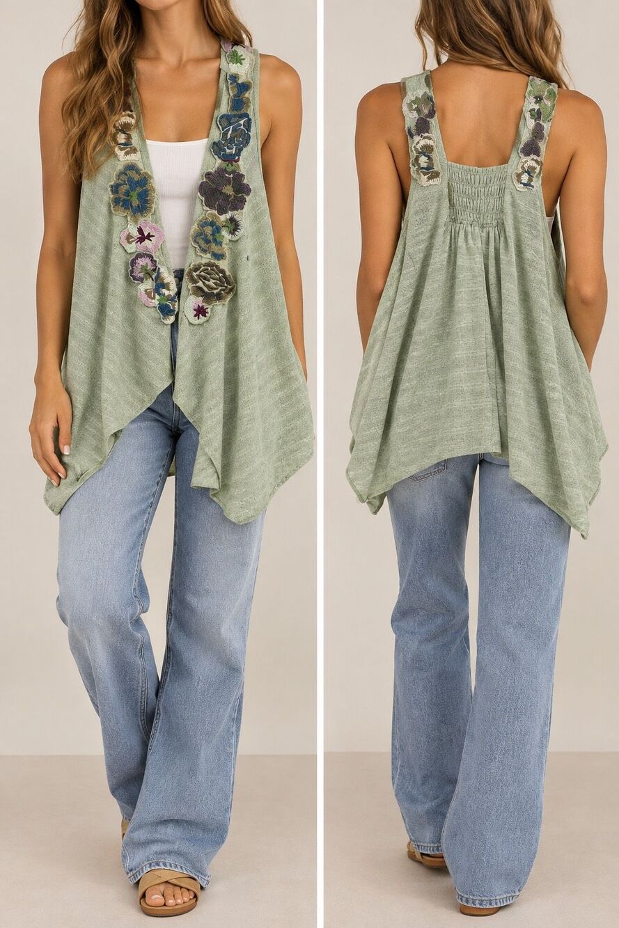 Free People Floral Applique Tunic Top M Sage Green Boho Fairycore Draped